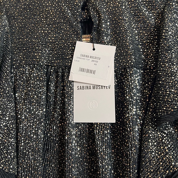 Sabina Musayev Black Ruffle Shoulder High Neck Diamond Shimmer Gold Top Size XS - Picture 6 of 6